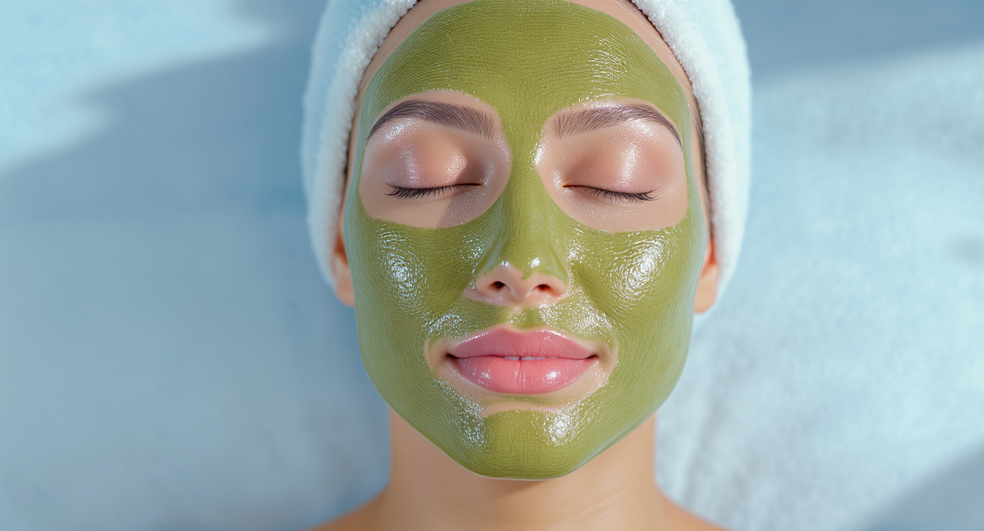 Photorealistic image of a close-up on a woman's face during a gentle algae peeling treatment, showing smooth application of green seaweed mask on her skin, highlighting natural hydration and subtle glow without irritation; soft blue accents in the lighting, professional spa setting, rule of thirds composition with the face centered, high-resolution details on textures and realistic expressions of relaxation.