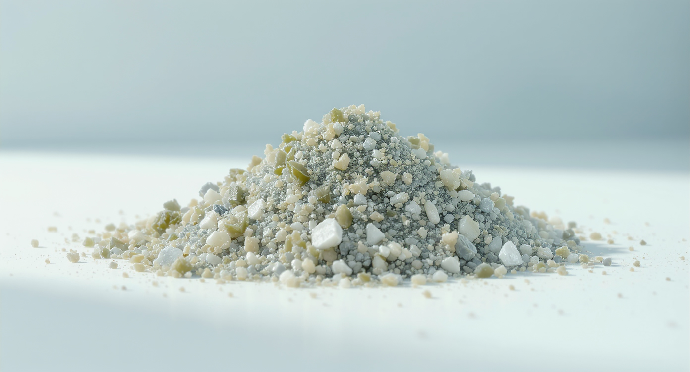 Photorealistic close-up of natural seaweed powder mixed with marine minerals on a clean white surface, textured like fine granules, soft blue lighting highlighting the organic, eco-friendly composition, evoking gentleness and purity for skin treatment, high-resolution details on the seaweed's fibrous structure and subtle sparkles from oligo-elements, professional and serene atmosphere, rule of thirds composition with space around the elements.