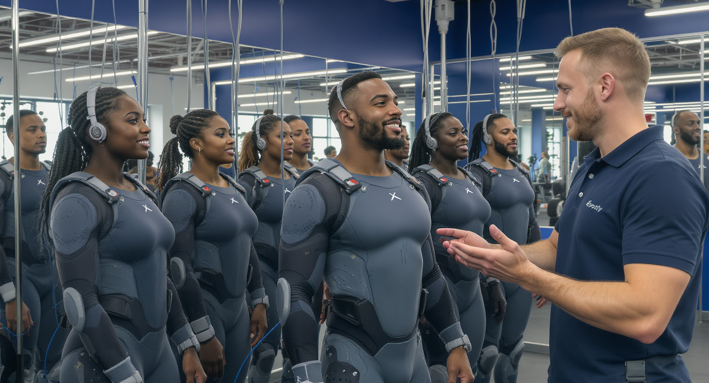 Photorealistic image of a diverse group of adults in a modern fitness studio with blue accents, wearing full-body EMS suits connected to XBody electrostimulation devices, guided by a professional coach demonstrating a comfortable 20-minute session, no visible sweat, relaxed expressions showing ease and focus, high-resolution details on textures and natural lighting, rule of thirds composition, professional and safe atmosphere.