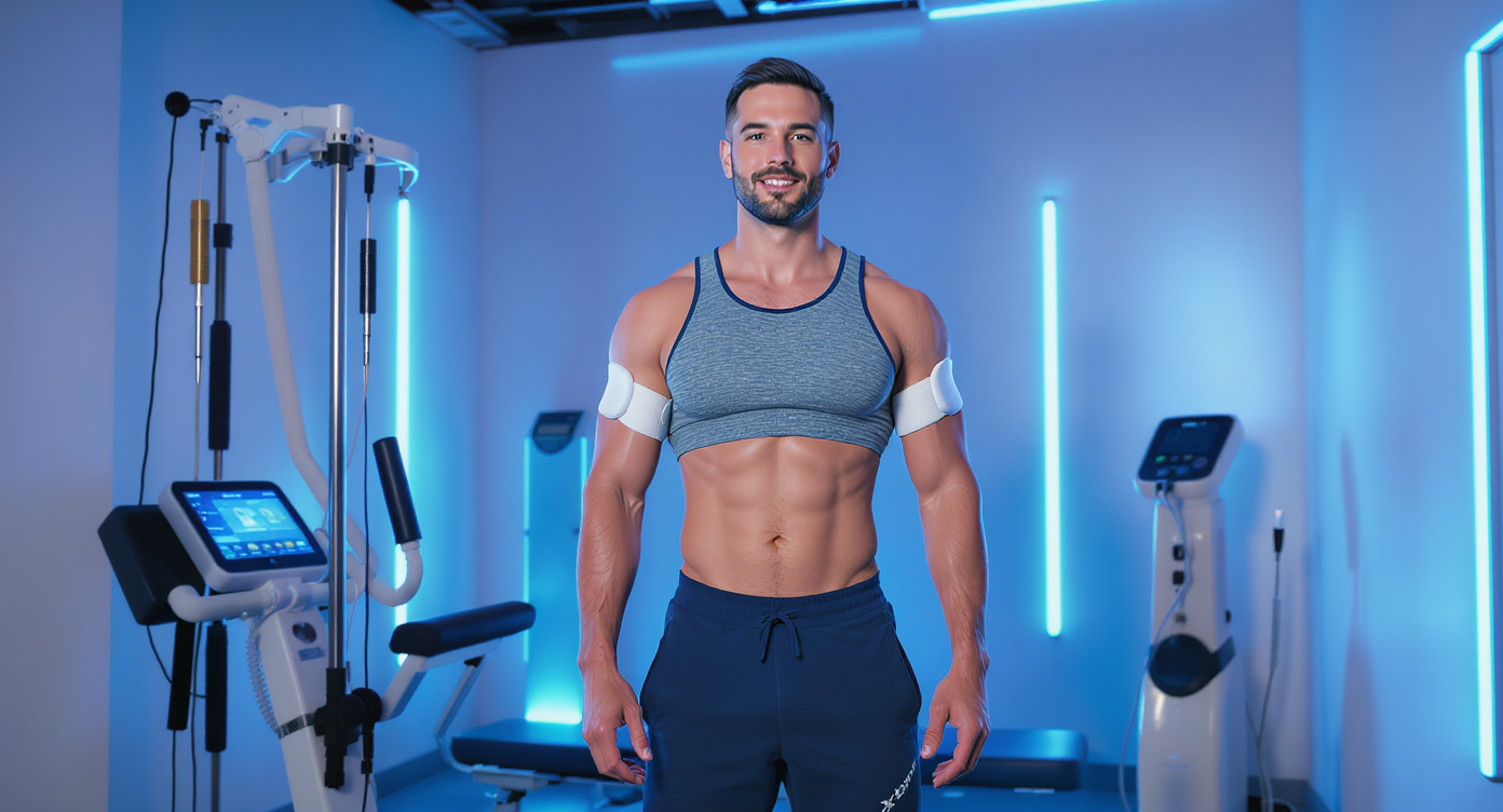 Photorealistic image of a fit adult in comfortable sportswear undergoing a 20-minute XBody EMS session in a modern, clean studio with blue-toned lighting and professional equipment, electrodes gently attached to arms and legs showing subtle muscle stimulation, the person standing confidently with a relaxed expression, emphasizing toning and slimming benefits in a safe, efficient atmosphere, high-resolution details on textures and realistic shadows, eye-catching composition with strong contrasts and rim light, no text.
