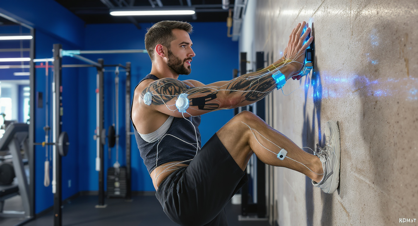 Photorealistic image of a fit person in their 30s wearing comfortable athletic wear, standing in a modern fitness studio with blue accents, electrodes attached to arms, legs, and core for EMS training, performing a simple light exercise like a wall sit, muscles subtly contracting intensely due to electrical stimulation, expression of focused determination and surprise at the efficiency, high-resolution details on skin texture and equipment, natural lighting with strong contrasts and rim light, rule of thirds composition centering the subject, eye-catching YouTube thumbnail style evoking quick and effective workout realization, safe for work, no text.