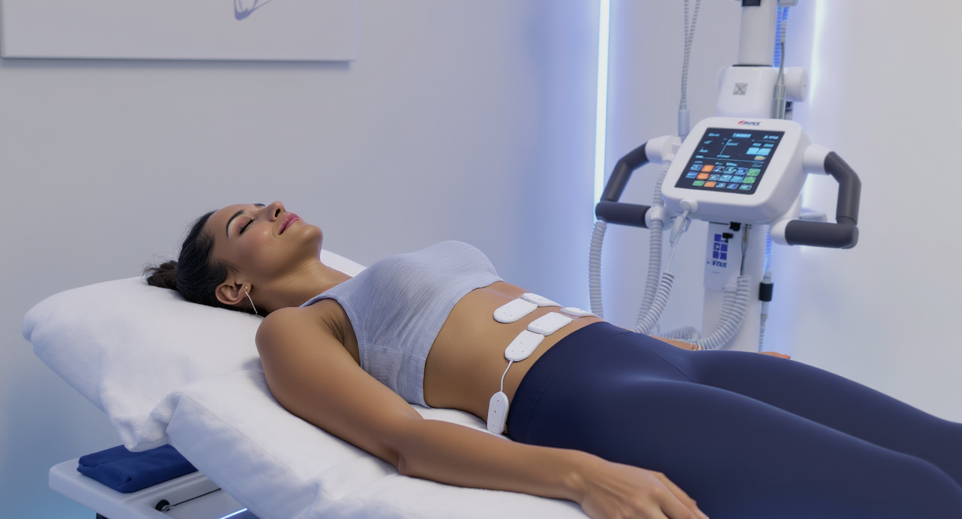 Photorealistic image of a professional fitness studio interior with modern EMS Sculpt equipment, a diverse adult client in comfortable athletic wear lying on a treatment bed as electrodes are applied to abdominal area, subtle blue lighting accents creating a calming and reassuring atmosphere, high-resolution details on textures of skin, clothing, and machinery, medium shot following the rule of thirds with clear facial expression of relaxation and focus, no text, safe-for-work composition emphasizing non-invasive muscle stimulation process.