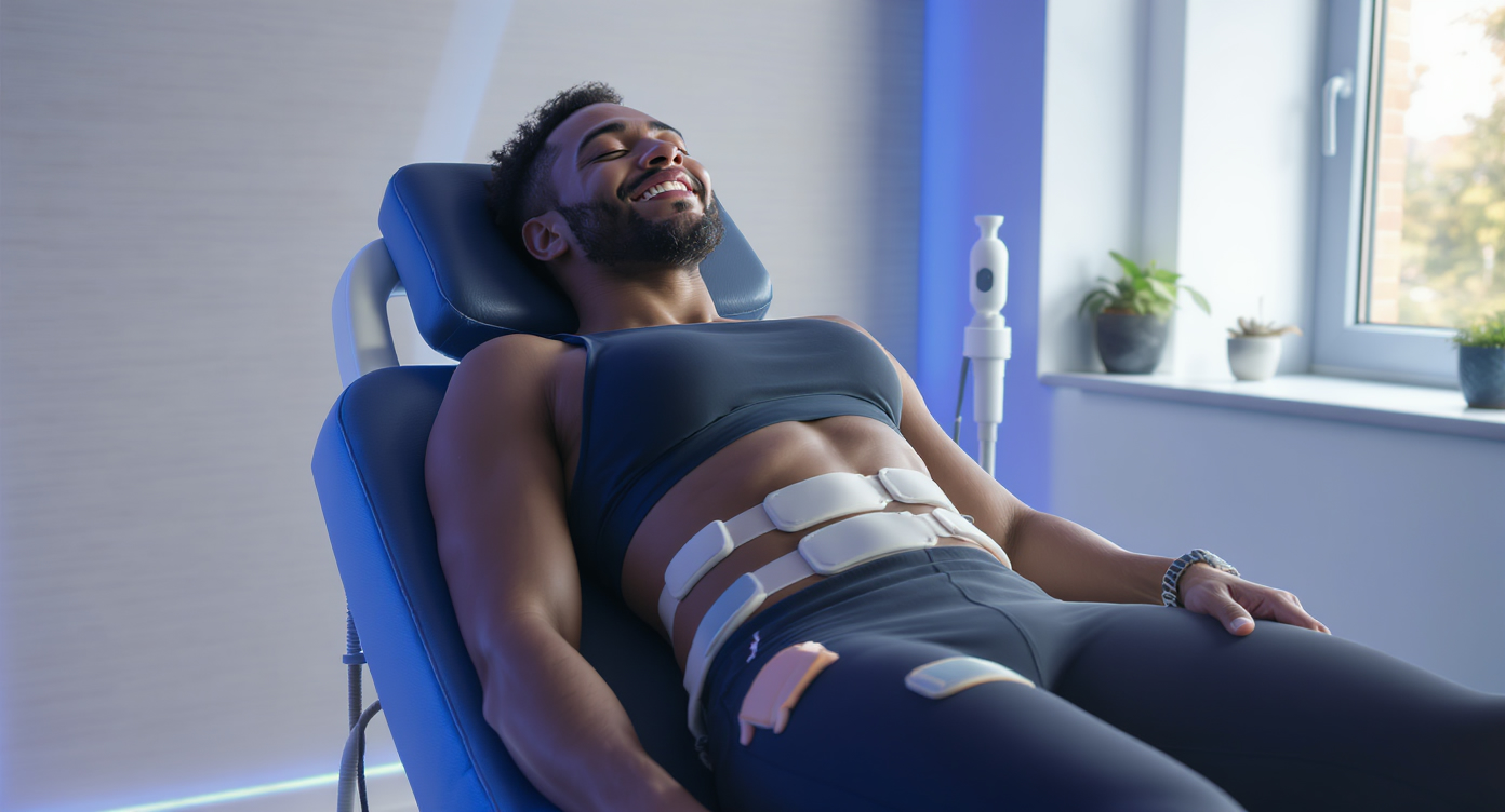 A photorealistic high-resolution image of a diverse adult in a modern wellness center undergoing an EMS Sculpt session, dressed in professional athletic wear covering the torso and legs, with non-invasive electrode pads applied to the abdomen and glutes areas, subtle visual indication of deep muscle stimulation through relaxed facial expression of comfort and slight muscle definition, surrounded by sleek equipment in a clean room with blue accent lighting and natural window light, composition following the rule of thirds with the subject centered but not cropped, strong contrasts for eye-catching appeal, no text or suggestive elements, professional and reassuring atmosphere.