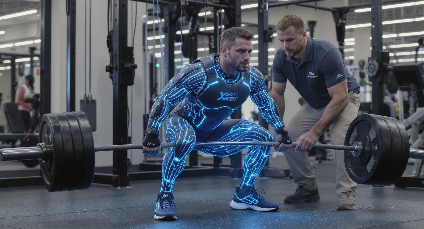 Photorealistic high-resolution image of a fit person in their 30s wearing a full-body connected XBody EMS suit, performing functional squats in a modern gym, with subtle electrical impulses visualized as soft blue glows on muscles like legs, abs, back, and glutes, a professional coach guiding nearby, dynamic action pose, strong contrasts and natural lighting, blue color accents for a clean and reassuring aesthetic, rule of thirds composition, professional and safe-for-work attire, no text.