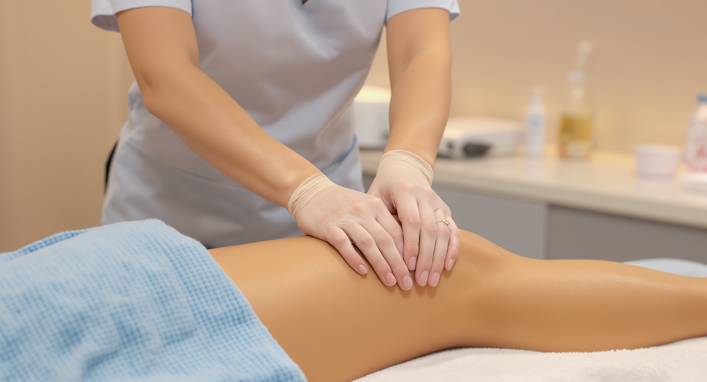 Photorealistic image of a professional aesthetic treatment session in a modern clinic, showing a female therapist in professional attire performing gentle manual massage techniques on a client's clothed leg and hip area to illustrate non-invasive body toning, warm ambient lighting with blue accents in the room decor, focus on natural hand movements like pinching and rolling on fabric-covered skin, client relaxed on a treatment bed, high-resolution details on textures and serene atmosphere, rule of thirds composition, no nudity or suggestive elements.
