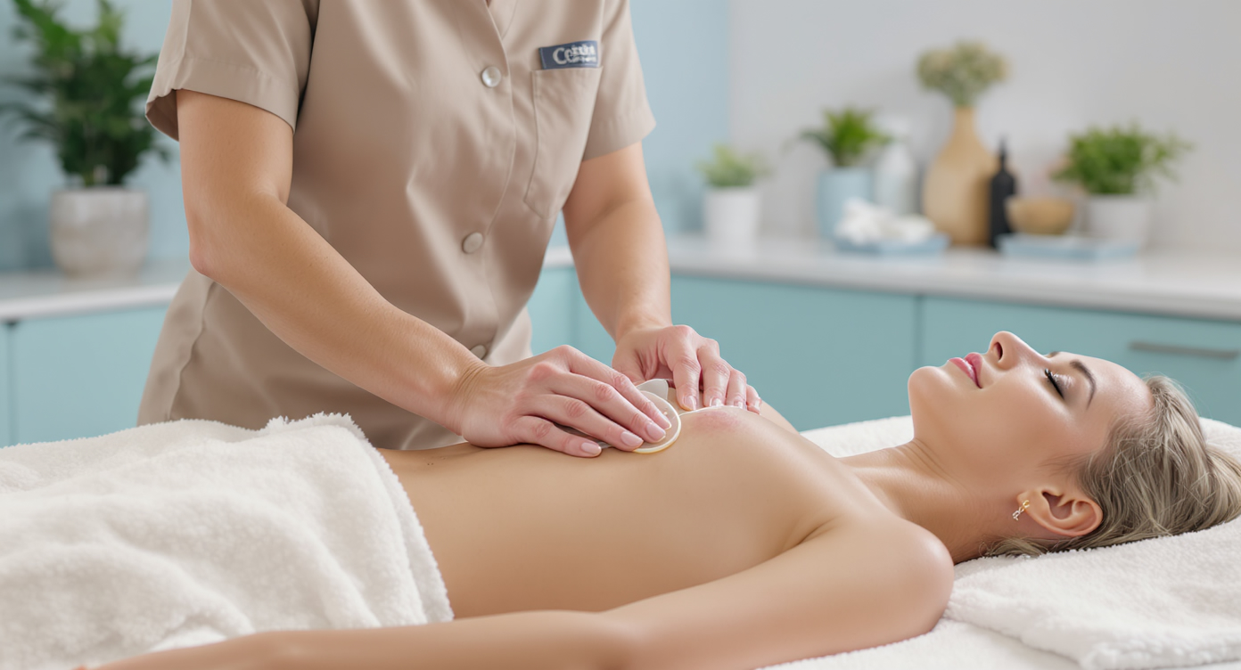 Photorealistic high-resolution image of a professional aesthetic treatment session in a modern wellness center. A certified therapist in neutral professional attire gently applies cupping therapy ventouses on a client's lower back and hips, using a non-invasive aspiration technique for natural toning. The client, a woman in comfortable spa robe, lies relaxed on a treatment table, face down, with subtle improvements in skin firmness visible. Soft natural lighting, serene atmosphere with blue accents in the decor, emphasizing authenticity and safety, rule of thirds composition, no text, focus on the educational and reassuring aspect of Colombian lifting origins.