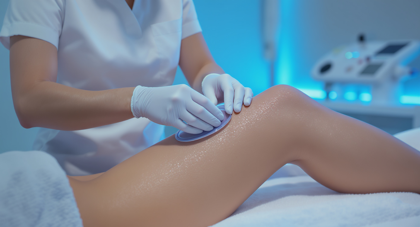 Photorealistic image of a professional aesthetic treatment room in a modern clinic, showing a female technician in her 30s, dressed in white uniform, gently applying silicone cups for vacuum therapy on a client's thigh to demonstrate the Colombian lift technique, the client is fully clothed in comfortable spa attire covering the body, soft blue lighting highlighting the suction process that smooths orange peel skin texture, focus on the non-invasive action stimulating circulation and toning tissues, high-resolution details on skin texture improvement, rule of thirds composition with the treatment area in the central third, serene and reassuring atmosphere, no text or nudity.