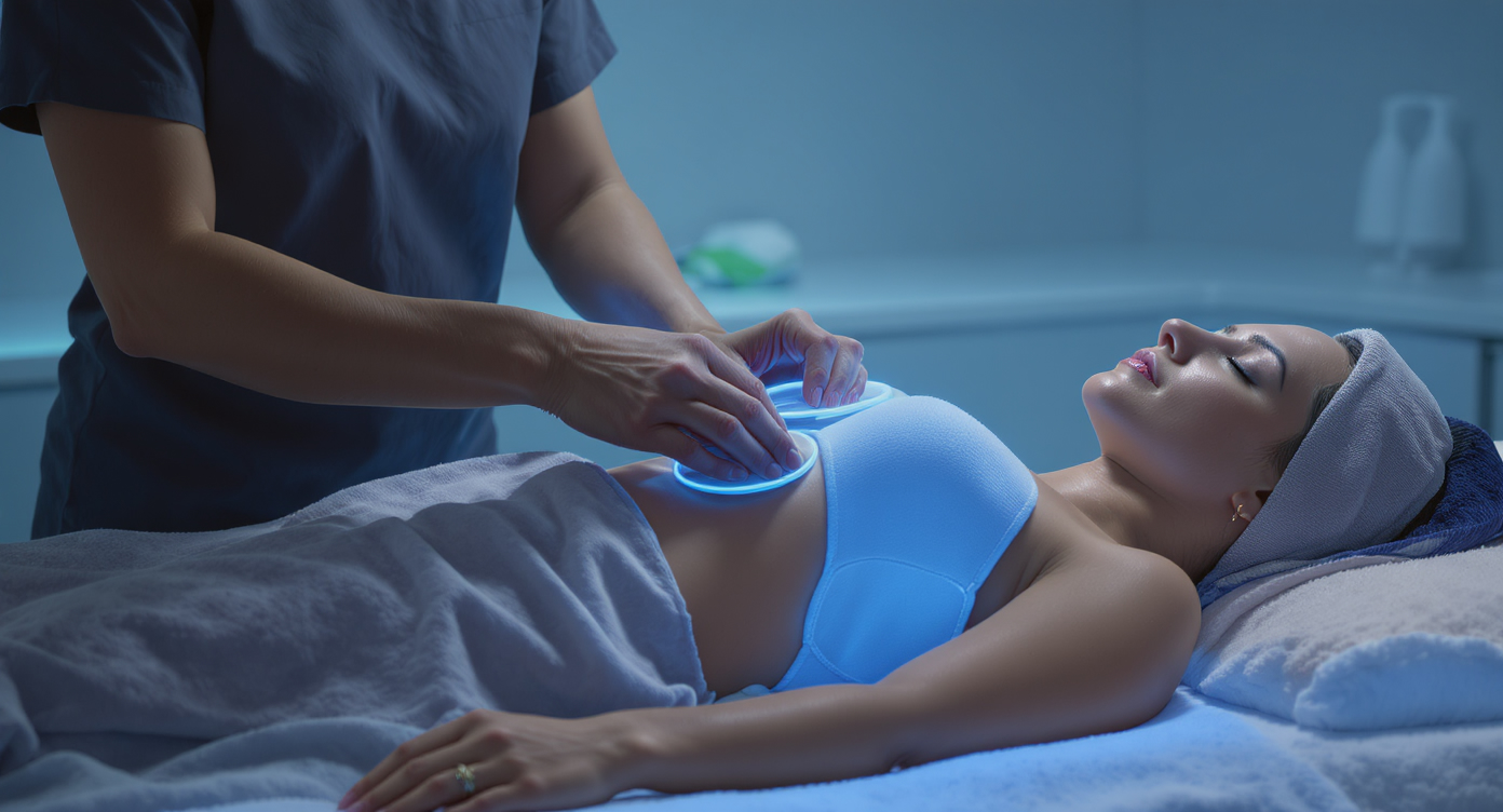 Photorealistic image of a professional aesthetic treatment session in a modern clinic, a clothed woman in her 30s lying comfortably on a treatment bed wearing loose spa attire, a therapist applying non-invasive cupping devices gently on her lower back area over clothing for toning, focus on the relaxing process with soft blue lighting and high-resolution details on textures and serene atmosphere, medium shot following the rule of thirds, eye-catching with subtle rim light, emphasizing accessibility and natural results without any suggestive elements or nudity.