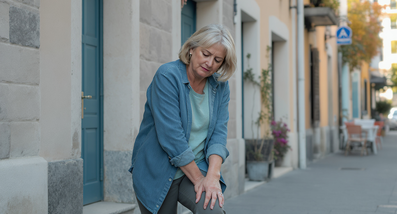 Photorealistic high-resolution image of a middle-aged woman in everyday casual attire, standing thoughtfully in a local Villeurbanne street with subtle urban architecture in the background, gently touching her leg with an empathetic expression showing understanding of persistent challenges, soft natural lighting with blue-toned accents for a calming atmosphere, composed using the rule of thirds, professional and SFW with focus on emotional connection and no suggestive elements.