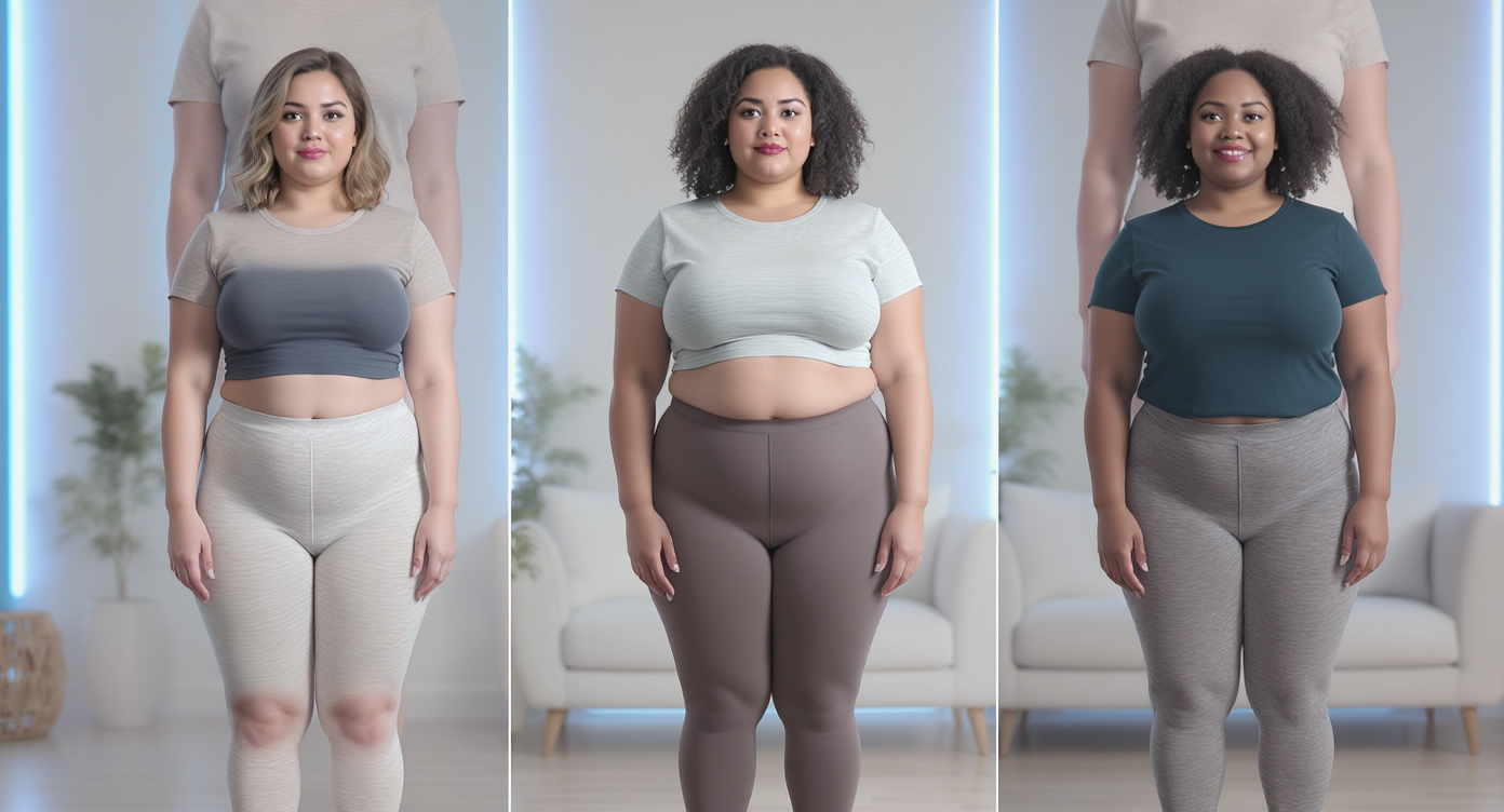 Photorealistic image of three diverse women in their 30s, each standing confidently in a modern wellness studio with soft blue lighting accents, dressed in comfortable athletic wear like leggings and t-shirts covering the body appropriately; the first woman shows subtle soft swelling around ankles suggesting water retention, the second has a smoother yet padded thigh area indicating fat accumulation, the third displays firmer textured skin on legs representing fibrosis; all expressions are neutral and informative, medium shot from waist up to focus on posture and subtle differences without any suggestive elements, high-resolution professional photo with natural contrasts and rim light for an eye-catching YouTube thumbnail style.