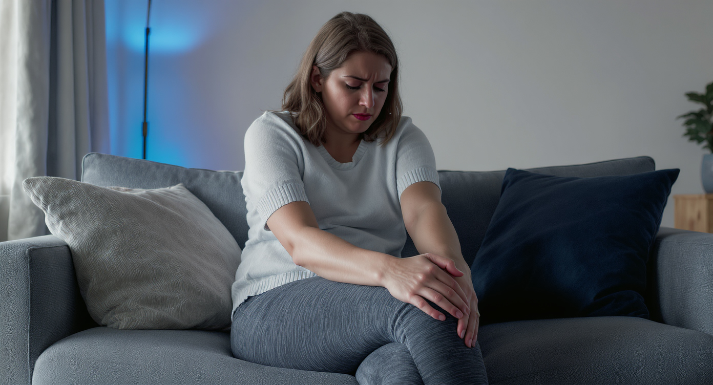 Photorealistic image of a frustrated woman in her 30s sitting on a modern sofa in a cozy living room with soft blue lighting, gently pressing her hand against her thigh over comfortable yoga pants to illustrate persistent cellulite resistance, her face showing empathy and realization of multiple causes like fat buildup and water retention, natural indoor light with high contrast on her thoughtful expression, rule of thirds composition focusing on her upper body and legs in a medium shot, high resolution, professional and respectful SFW style.