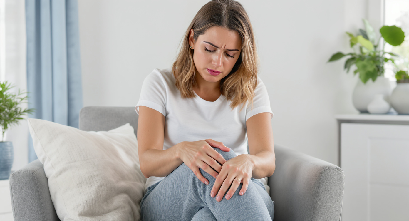 Photorealistic high-resolution image of a thoughtful woman in her 30s sitting comfortably on a modern chair in a well-lit room, gently placing her hands on her thighs covered by loose-fitting blue-gray yoga pants and a simple white t-shirt, her thighs showing subtle orange-peel texture to illustrate cellulite, expression of mild frustration mixed with curiosity as she examines them, soft natural lighting with blue accents in the background decor, professional photo style, rule of thirds composition, no text, safe-for-work, focus on emotional understanding and education.