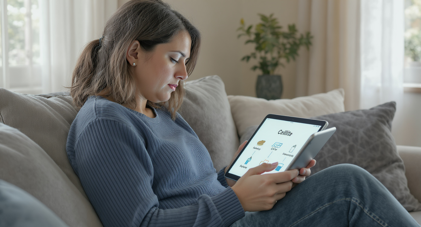 A photorealistic scene of a thoughtful woman in her 30s sitting on a cozy living room couch, wearing comfortable casual clothes like jeans and a blue sweater, examining a simple diagram on her tablet showing everyday factors like unhealthy food, sedentary lifestyle, and low water intake contributing to cellulite, with icons of salt shaker, couch potato, and empty glass. Her expression is empathetic and determined, soft natural lighting from a window, high-resolution details on textures like fabric and screen glow, composition following the rule of thirds with the woman on the left and diagram centered, color palette featuring calming blue accents, no text visible, professional and SFW.