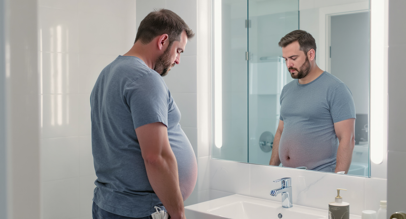 Photorealistic image of a man in his 30s standing in front of a mirror in a modern bathroom, examining his midsection with a thoughtful expression, wearing a casual t-shirt and shorts, subtle skin texture on abdomen and hips suggesting cellulite concerns, soft natural lighting with blue tones for a calming atmosphere, eye-catching composition using rule of thirds, high-resolution professional photo, emotional focus on realization and education, fully clothed and SFW, no text.