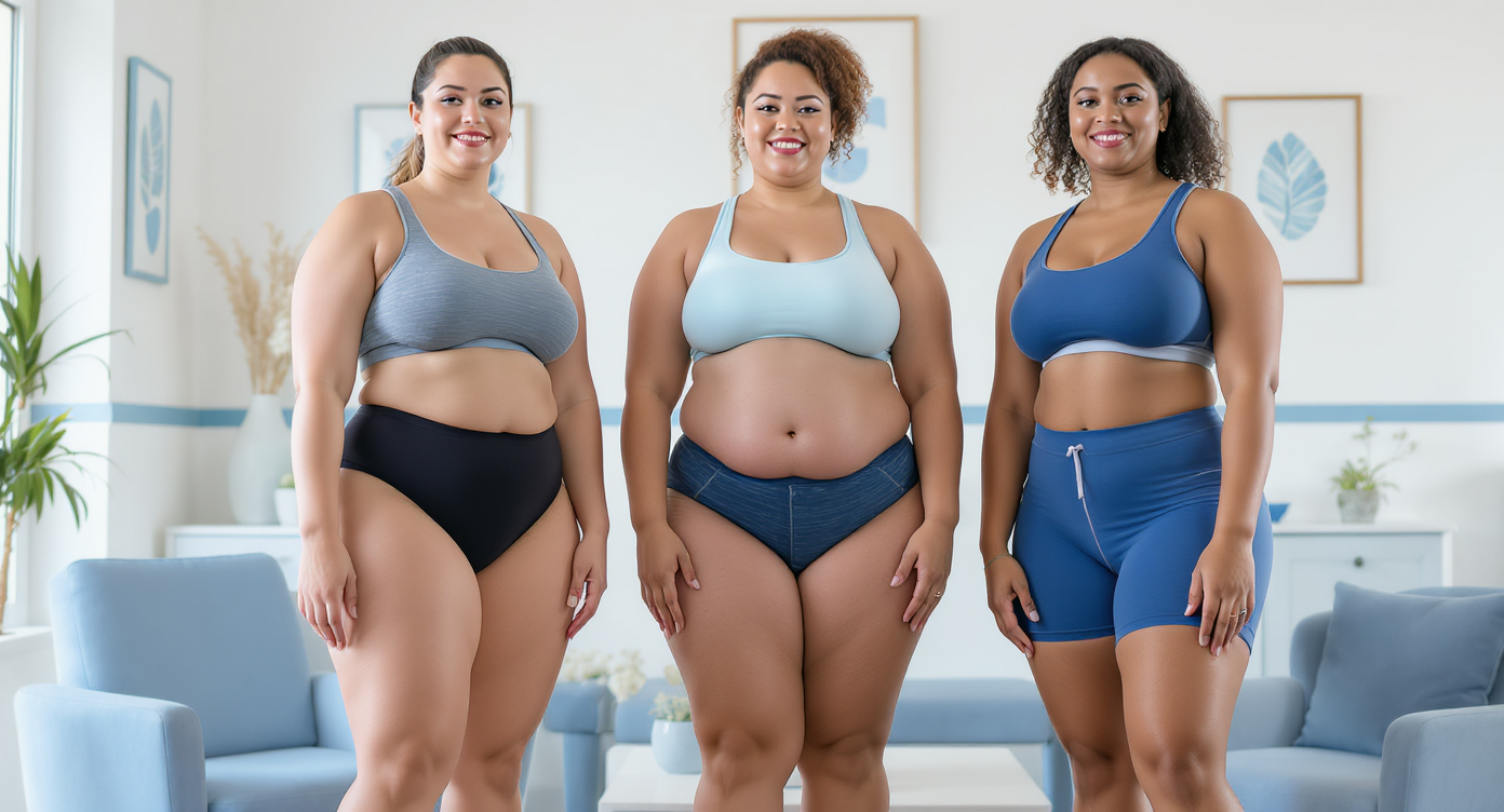 Photorealistic image of three diverse women in a modern wellness clinic setting with blue accents, each demonstrating different types of cellulite on their legs and abdomen while wearing comfortable athletic wear; the first woman has soft, padded adipose cellulite on her thighs, the second shows fibrous dimpling on her buttocks, and the third displays watery swelling on her calves; they stand confidently in a well-lit room with natural light, expressions of understanding and empowerment, high-resolution details on skin textures and fabrics, rule of thirds composition focusing on the group without any text or nudity.