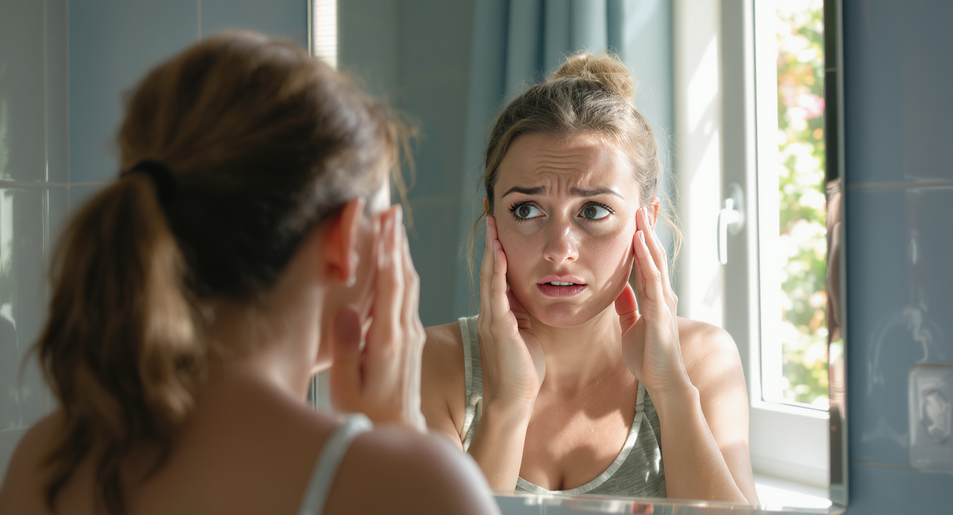 Photorealistic image of a frustrated woman in her 30s at Villeurbanne, examining her dull and irritated skin in a bathroom mirror under spring sunlight filtering through a window, wearing casual everyday clothes, concerned expression highlighting the need for summer skin preparation, subtle blue tones in the room decor, high resolution, natural lighting with strong contrasts, rule of thirds composition, professional and respectful portrayal.