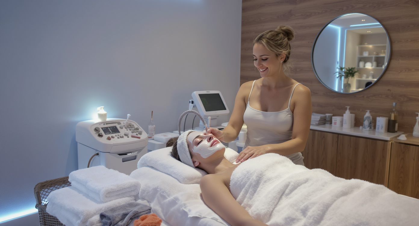Photorealistic image of a serene beauty institute interior in Villeurbanne, France, showing a holistic beauty routine: a woman in her 30s receiving facial cleansing and body massage in one spacious room with modern equipment, soft blue lighting accents on walls and towels, relaxed atmosphere with natural textures like wooden floors and plush seating, high-resolution details on skin revitalization and professional setup, eye-catching composition using rule of thirds, no text, professional and SFW.