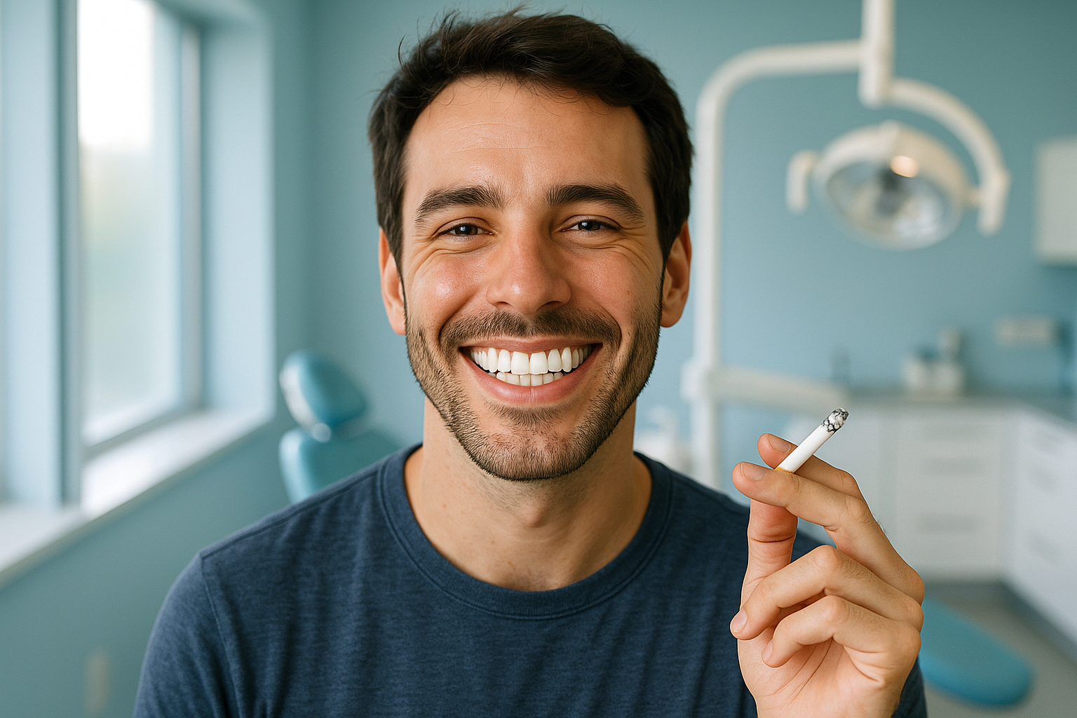 Une image photoréaliste aspirationnelle d'un homme d'une trentaine d'années, fumeur, affichant un sourire radieux et confiant après un blanchiment dentaire, avec des dents éclatantes et blanches contrastant avec son passé de taches jaunes dues au tabac. Il se tient dans un environnement lumineux et moderne, comme un cabinet dentaire contemporain aux nuances de bleu apaisantes, éclairage naturel doux avec une rim light soulignant son expression de soulagement et d'espoir retrouvé. Composition selon la règle des tiers, plan moyen centré sur le visage et le sourire, textures réalistes de la peau et des dents, ambiance professionnelle et rassurante, haute résolution sans texte.