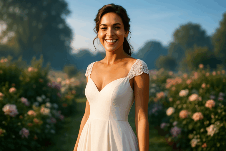 Une jeune femme rayonnante, future mariée, debout dans une robe de mariée élégante et fluide, affichant un sourire confiant et éclatant avec des dents parfaitement blanches, sous un éclairage doux et naturel avec des nuances de bleu ciel en arrière-plan, ambiance sereine et joyeuse d'un jardin fleuri au lever du soleil, composition selon la règle des tiers avec son visage légèrement décalé à droite, photoréaliste haute résolution, contrastes forts pour un impact visuel captivant, sans aucun texte.