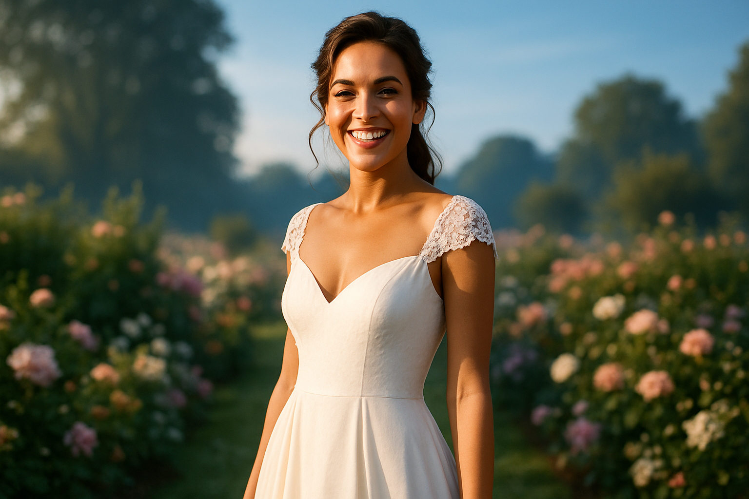 Une jeune femme rayonnante, future mariée, debout dans une robe de mariée élégante et fluide, affichant un sourire confiant et éclatant avec des dents parfaitement blanches, sous un éclairage doux et naturel avec des nuances de bleu ciel en arrière-plan, ambiance sereine et joyeuse d'un jardin fleuri au lever du soleil, composition selon la règle des tiers avec son visage légèrement décalé à droite, photoréaliste haute résolution, contrastes forts pour un impact visuel captivant, sans aucun texte.