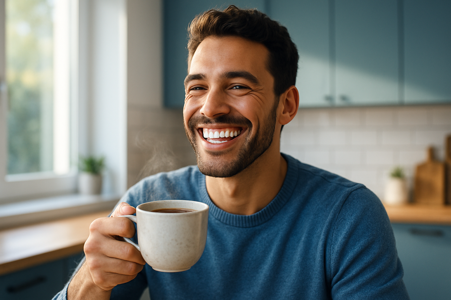 Une personne rayonnante et confiante, un homme d'une trentaine d'années, sirotant un café chaud avec un sourire éclatant révélant des dents parfaitement blanches, dans une cuisine moderne baignée de lumière naturelle, expression de joie et de satisfaction, photoréalisme haute résolution, textures réalistes du café fumant et de la tasse en céramique, éclairage doux avec rim light soulignant le visage, composition selon la règle des tiers, accents de nuances de bleu dans l'arrière-plan pour une ambiance fraîche et rassurante, sans texte.
