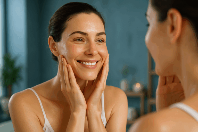Une femme d'une trentaine d'années au teint lumineux et éclatant, regardant son reflet dans un miroir avec un sourire confiant et soulagé, sa peau fraîche et régénérée après un soin naturel, ambiance spa moderne avec des touches de bleu apaisant en arrière-plan, éclairage doux et naturel soulignant les textures réalistes de la peau saine, composition en règle des tiers avec le visage centré, photoréaliste haute résolution, sans texte.
