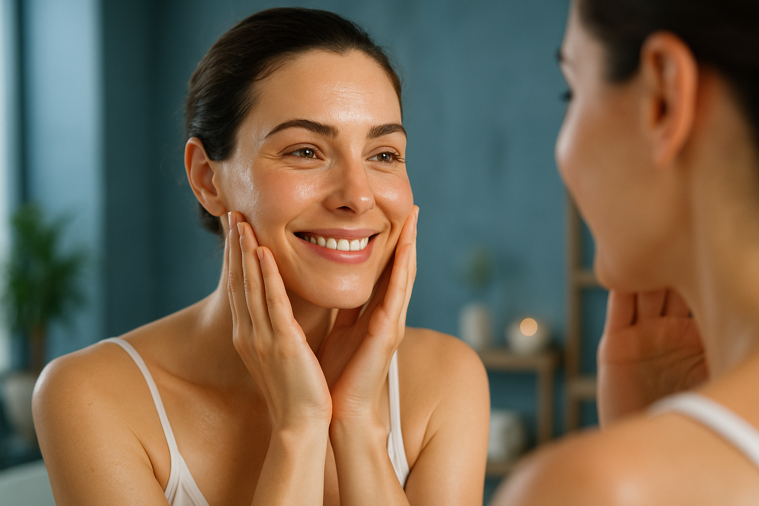 Une femme d'une trentaine d'années au teint lumineux et éclatant, regardant son reflet dans un miroir avec un sourire confiant et soulagé, sa peau fraîche et régénérée après un soin naturel, ambiance spa moderne avec des touches de bleu apaisant en arrière-plan, éclairage doux et naturel soulignant les textures réalistes de la peau saine, composition en règle des tiers avec le visage centré, photoréaliste haute résolution, sans texte.