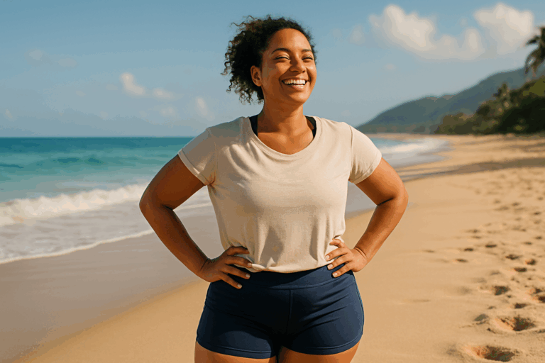 Une femme confiante d'une trentaine d'années, debout sur une plage ensoleillée inspirée du Brésil, portant un short de sport bleu marine et un haut ample, pose avec un sourire radieux, les mains sur les hanches, soulignant sa silhouette galbée et tonique ; son expression reflète une joie libératrice après avoir surmonté sa frustration passée ; éclairage naturel chaud avec des accents de bleu dans le ciel et l'océan, composition en règle des tiers avec elle centrée mais excentré à droite, photoréaliste haute résolution, ambiance aspirationnelle et empowering, sans texte.