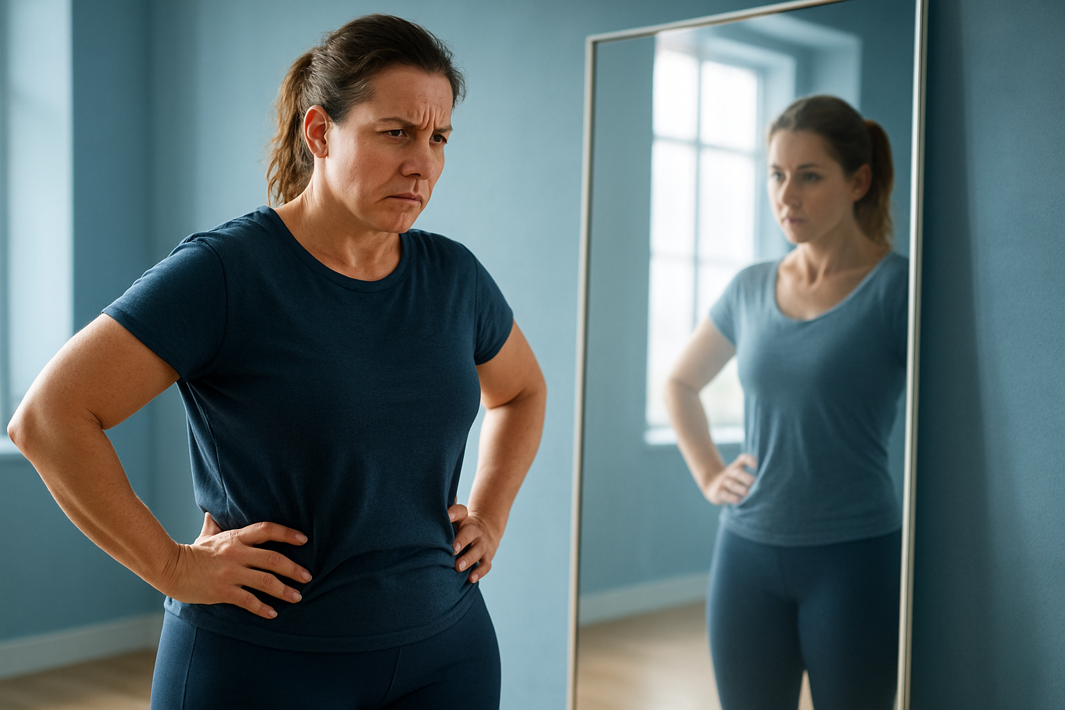 Une femme de 40 ans, athlétique mais frustrée, debout dans un studio lumineux aux tons bleus apaisants, examinant son reflet dans un grand miroir où l'on devine une silhouette affinée en devenir, portant un legging de sport bleu marine et un t-shirt ample, expression mêlant déception et détermination, éclairage naturel avec rim light soulignant sa motivation, composition en règle des tiers centrée sur son visage et son corps en plan moyen, photoréaliste haute résolution, ambiance aspirationnelle et professionnelle.