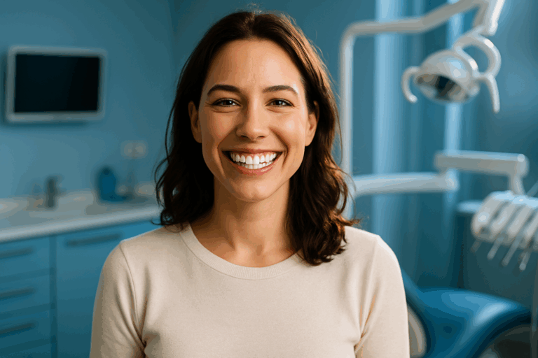 Une femme d'une trentaine d'années au sourire éclatant et confiant, debout dans un cabinet dentaire moderne aux tons bleus apaisants, lumière naturelle douce illuminant son visage radieux, expression de joie et de soulagement après un blanchiment dentaire réussi, photoréaliste haute résolution, composition selon la règle des tiers avec le sourire centré, contrastes forts et rim light pour un impact visuel captivant comme une vignette YouTube, ambiance professionnelle et rassurante, sans texte.