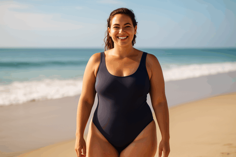Une femme d'une trentaine d'années, confiante et rayonnante, debout sur une plage ensoleillée, portant un maillot de bain une pièce élégant et couvrant, avec une silhouette harmonieuse et tonique, exprimant un soulagement et une joie profonde après avoir surmonté sa frustration liée à la cellulite, regard direct vers la caméra avec un sourire victorieux, éclairage naturel doux avec des accents de bleu océan en arrière-plan, composition en règle des tiers, photoréaliste haute résolution, ambiance aspirationnelle et empowering.