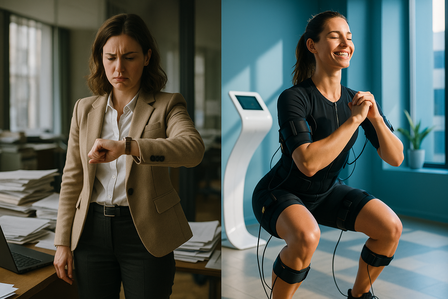 Une femme active d'une trentaine d'années, professionnelle avec un emploi du temps chargé, apparaît frustrée au début, debout dans un bureau encombré avec des papiers et un ordinateur, regardant sa montre avec impatience, puis transition vers un sourire radieux en séance d'XBody : elle porte une tenue de sport moulante et professionnelle, des électrodes placées sur les bras et les jambes, effectuant un exercice léger comme un squat, dans un centre moderne et lumineux aux nuances de bleu apaisant, éclairage naturel avec contrastes forts et rim light soulignant sa silhouette tonique et énergique, composition en règle des tiers avec elle au centre, photoréaliste haute résolution, ambiance aspirationnelle de libération et de gain de temps, sans texte.