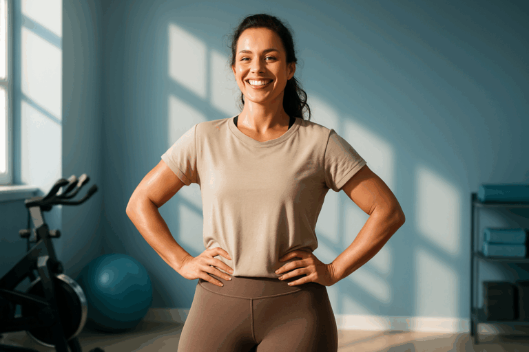 Une femme d'une trentaine d'années, rayonnante de confiance et de satisfaction, se tient debout dans un studio lumineux et moderne avec des accents de bleu apaisant sur les murs et les équipements. Elle porte une tenue de sport neutre et confortable, comme un legging et un haut ample, adoptant une pose dynamique mais professionnelle, les mains sur les hanches, un sourire victorieux illuminant son visage. La composition suit la règle des tiers, avec un éclairage naturel doux créant des contrastes forts et une rim light subtile soulignant sa silhouette galbée et tonique, évoquant un sentiment d'empowerment et de transformation sans effort, dans un style photoréaliste haute résolution, ambiance aspirationnelle et motivante.