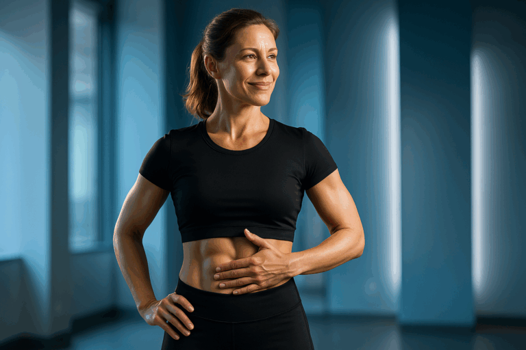 Une personne active de 40 ans, frustrée par son manque de tonicité musculaire malgré ses efforts sportifs, transformée en une version confiante et sculptée après une séance EMS Sculpt ; elle se tient debout dans un environnement moderne et lumineux avec des accents bleus apaisants, posant une main sur ses abdos toniques visibles sous des vêtements de sport ajustés mais décents, expression de soulagement et d'empowerment, éclairage dramatique avec rim light soulignant les contours du corps, composition respectant la règle des tiers, photoréalisme haute résolution sans texte, ambiance aspirationnelle et professionnelle.