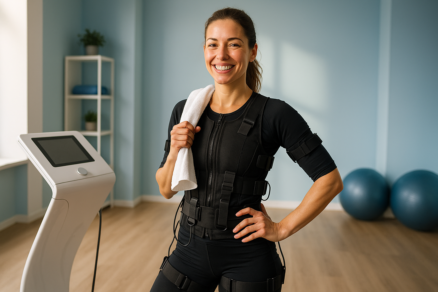 Une femme adulte active et dynamique, d'une trentaine d'années, debout dans un studio de fitness moderne et lumineux avec des accents de bleu apaisant, arborant une silhouette tonifiée et affinée, un sourire confiant et soulagé sur le visage après une session d'électrostimulation, vêtue d'une tenue de sport élégante et couvrante, pose naturelle et empowering, éclairage doux avec rim light pour un effet photoréaliste haute résolution, composition respectant la règle des tiers, ambiance aspirationnelle de transformation facile sans effort, textures réalistes de la peau et des équipements, pas de texte.