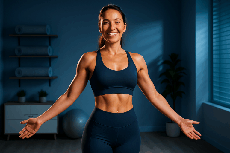 Une femme d'une trentaine d'années, confiante et rayonnante, debout dans un studio de bien-être moderne aux tons bleus apaisants, portant une tenue de sport ajustée et élégante qui met en valeur une silhouette tonifiée avec un ventre plat et des fesses galbées, posant avec un sourire victorieux et les bras légèrement écartés, éclairage dramatique avec une rim light soulignant sa forme athlétique, composition selon la règle des tiers pour un impact visuel fort, photoréalisme haute résolution sans aucun texte, ambiance aspirationnelle de transformation sans effort.