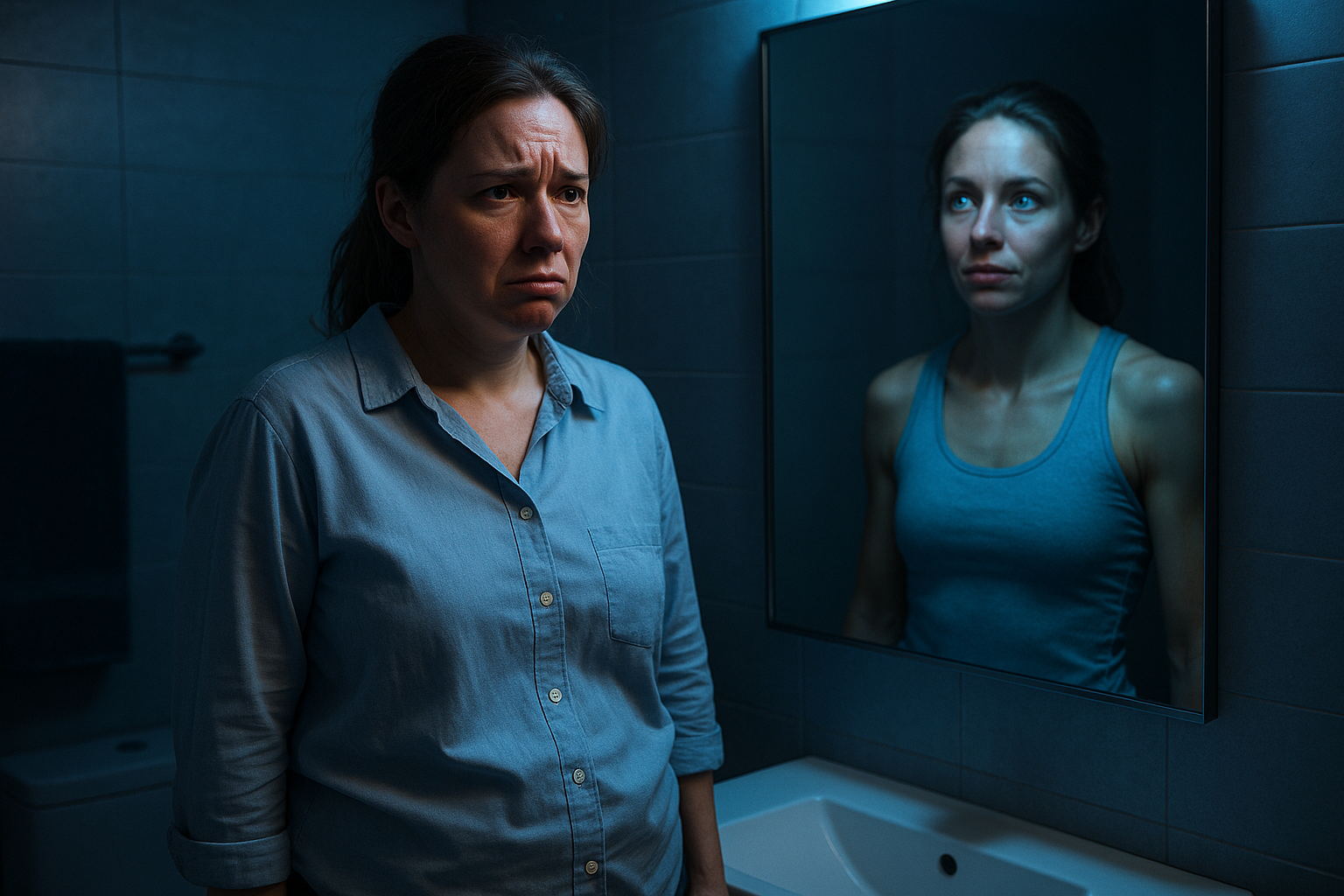 Une femme d'une trentaine d'années, frustrée et épuisée après une longue journée de travail, debout devant un miroir dans une salle de bain moderne aux tons bleus apaisants, porte une chemise ample qui cache son ventre mou ; son expression montre du désespoir face à son reflet, mais un éclat d'espoir dans les yeux en imaginant une silhouette tonique ; éclairage dramatique avec une lumière rim bleue soulignant son visage et son buste, composition en règle des tiers avec espace autour du sujet, photoréaliste haute résolution, ambiance motivante et aspirationnelle pour une transformation sans effort.