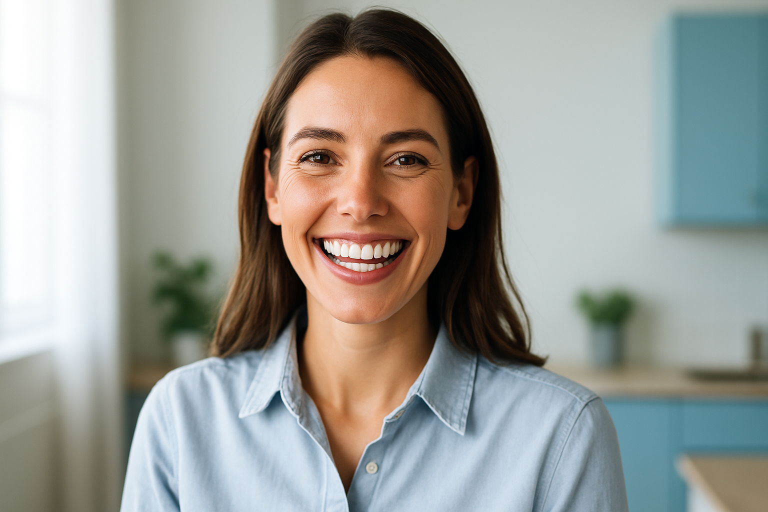 Une femme d'une trentaine d'années au sourire radieux et éclatant, révélant des dents parfaitement blanches, dans un cadre quotidien lumineux et moderne, exprimant une joie confiante et aspirationnelle après un blanchiment dentaire réussi. Elle pose de manière naturelle, habillée d'une chemise claire, avec un éclairage doux et des accents de bleu clair en arrière-plan pour une ambiance rassurante et professionnelle. Composition selon la règle des tiers, photoréaliste haute résolution, contrastes forts pour un impact visuel captivant comme une vignette YouTube, sans aucun texte.