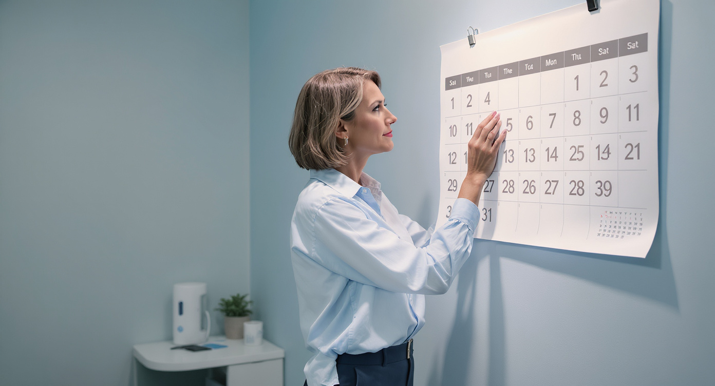 Photorealistic high-resolution image of a professional woman in her 40s standing in a modern clinic room with subtle blue accents on the walls, looking at a calendar on the wall showing months passing, her expression thoughtful yet optimistic. She wears professional attire, a light blue blouse and pants, standing in a medium shot following the rule of thirds, with soft natural lighting and rim light highlighting her confident posture. The scene evokes the concept of typical duration of results from Colombian lifting, showing time progression through visual elements like before-and-after subtle silhouette outlines fading and maintaining, no text, safe for work, eye-catching contrast.