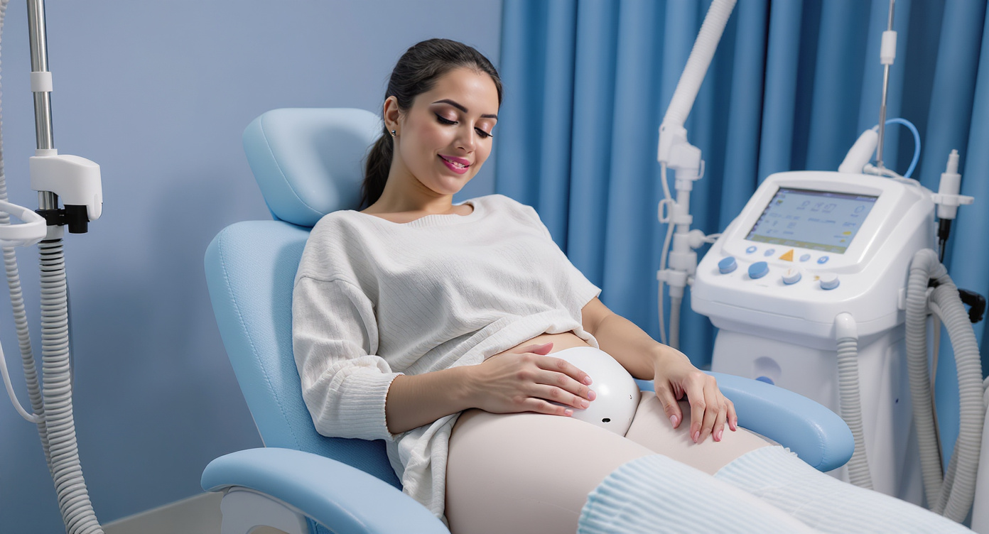 Photorealistic image of a professional woman in her 30s undergoing a non-invasive vacuum therapy session for buttock toning in a modern aesthetic clinic with blue accents, dressed in comfortable loose clothing covering the body, seated comfortably with a device applied externally to the buttocks area in a medium shot focusing on her relaxed expression of relief and confidence, soft natural lighting, high-resolution details on textures and equipment, rule of thirds composition leaving space around the subject, eye-catching contrast for YouTube thumbnail appeal.