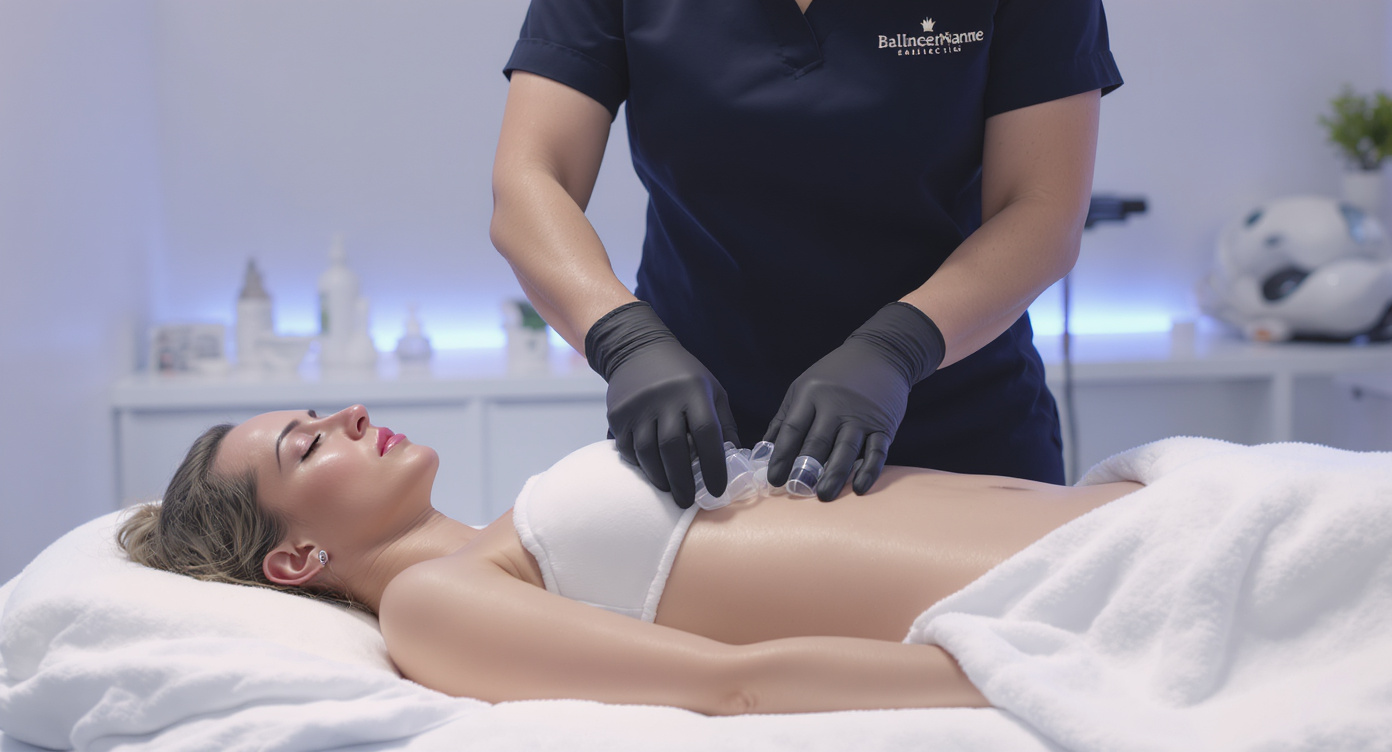 Photorealistic image of a professional aesthetic treatment session in a modern clinic in Villeurbanne, France. A female therapist in professional attire performs a non-invasive Colombian lift massage using suction cups on a client's lower body, focusing on hips and buttocks area, client lying comfortably on a treatment bed, fully clothed in loose spa wear. Emphasize gentle, relaxing atmosphere with soft blue lighting, high-resolution details on textures like skin and equipment, wide shot composition following rule of thirds, no nudity or suggestive elements, conveying safety and natural toning benefits.
