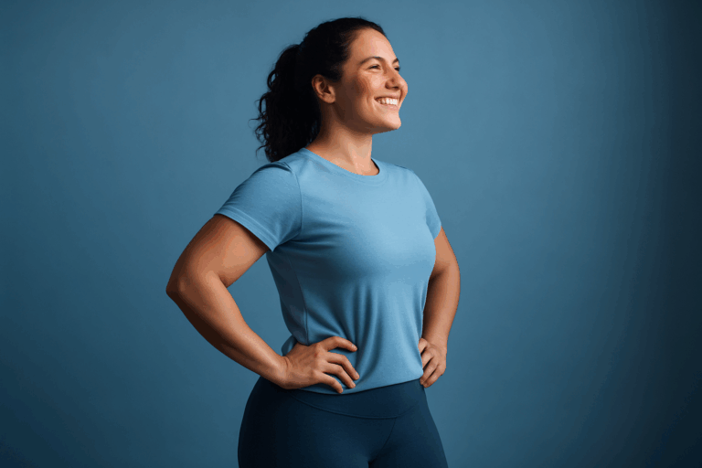 Une femme confiante d'une trentaine d'années, debout de profil en tenue sportive neutre et ample comme un legging et un t-shirt bleu clair, affichant un sourire radieux et une posture fière qui met en valeur une silhouette tonique et galbée naturellement, avec un éclairage doux et contrasté en nuances de bleu pour une ambiance rassurante et aspirationnelle, composition selon la règle des tiers avec le sujet centré sans coupure, photoréaliste haute résolution comme une photo professionnelle, expression d'émotion de transformation et boost de confiance, sans aucun texte.
