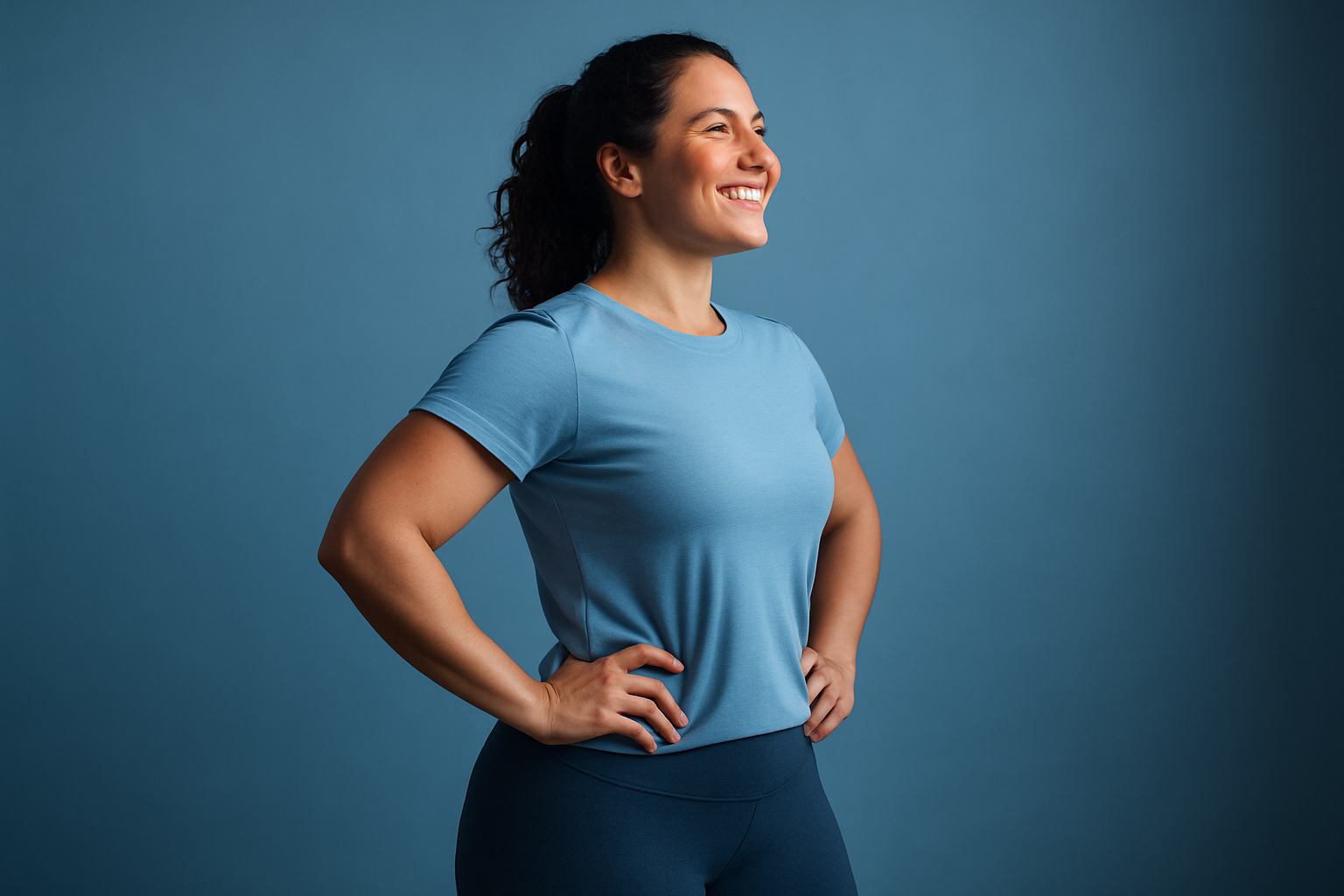Une femme confiante d'une trentaine d'années, debout de profil en tenue sportive neutre et ample comme un legging et un t-shirt bleu clair, affichant un sourire radieux et une posture fière qui met en valeur une silhouette tonique et galbée naturellement, avec un éclairage doux et contrasté en nuances de bleu pour une ambiance rassurante et aspirationnelle, composition selon la règle des tiers avec le sujet centré sans coupure, photoréaliste haute résolution comme une photo professionnelle, expression d'émotion de transformation et boost de confiance, sans aucun texte.