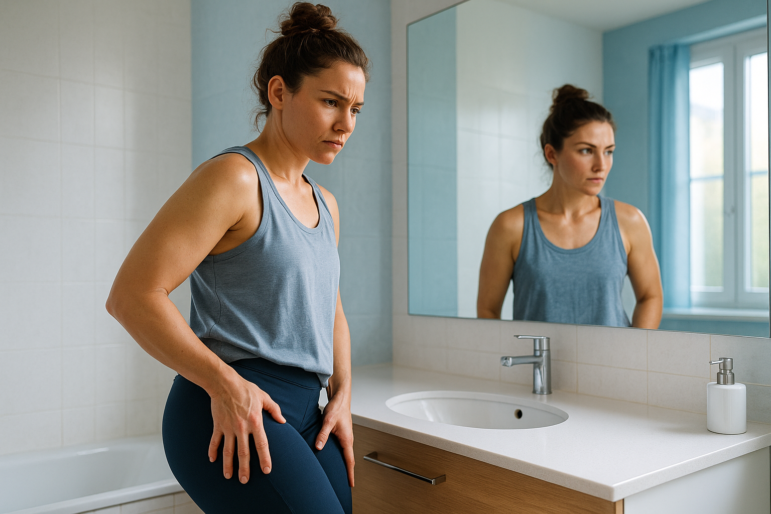 Une femme d'une trentaine d'années, au physique athlétique mais frustrée, debout devant un miroir dans une salle de bain lumineuse, examinant ses cuisses avec une expression de déception face à l'effet peau d'orange subtil, vêtue d'un legging bleu marine et d'un haut ample, éclairage naturel doux avec des accents bleus apaisants, composition en règle des tiers où elle occupe le tiers gauche, regard déterminé vers l'avenir symbolisant l'espoir d'une solution non invasive comme le lifting colombien, photoréaliste haute résolution, ambiance aspirationnelle et motivante, sans texte.