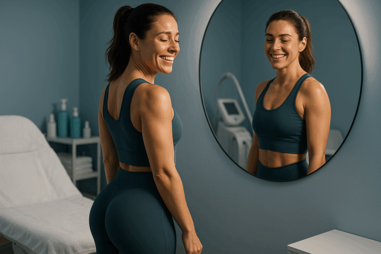 Une femme confiante et rayonnante d'une trentaine d'années, debout devant un miroir dans un institut esthétique moderne aux tons bleus apaisants, portant une tenue sportive moulante qui met subtilement en valeur ses fesses galbées et raffermies après un traitement, expression faciale de soulagement et de satisfaction totale, ambiance sereine et professionnelle, photoréaliste haute résolution, éclairage doux avec rim light accentuant les contours, composition selon la règle des tiers pour un impact visuel captivant comme une vignette YouTube.