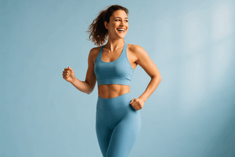 Une femme d'une trentaine d'années, confiante et rayonnante, debout dans une pose élégante et dynamique, portant une tenue de sport ajustée bleu clair qui met en valeur une silhouette tonifiée et ferme, sans cellulite visible, sur un fond lumineux et épuré avec des nuances de bleu apaisant, éclairage naturel doux avec une rim light soulignant ses contours, composition selon la règle des tiers pour un impact visuel fort et aspirationnel, photoréaliste haute résolution, expression de joie et d'empowerment.