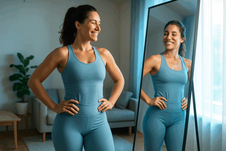 Une femme d'une trentaine d'années, au physique athlétique et confiant, se tient debout devant un miroir dans un salon lumineux et moderne, admirant son reflet avec un sourire radieux et soulagé. Elle porte une tenue sportive ajustée mais élégante, bleu clair, soulignant un galbe ferme et naturel des fesses et des jambes sans être suggestive. L'éclairage naturel doux avec des accents bleus crée un contraste flatteur, une rim light met en valeur sa silhouette. Composition selon la règle des tiers, plan moyen, photoréaliste haute résolution, ambiance aspirationnelle de durabilité et bien-être, sans texte.