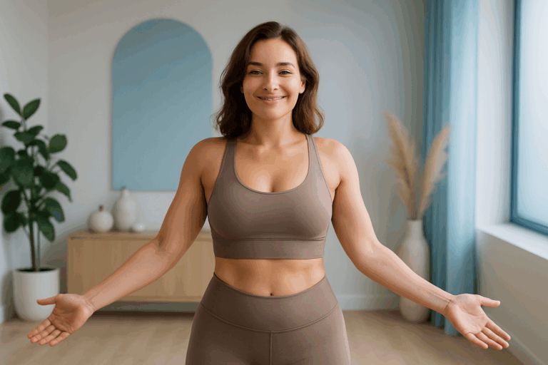 Une femme d'une trentaine d'années, au teint lumineux et confiante, se tenant debout dans un cadre moderne et apaisant d'un centre de bien-être, portant une tenue de sport confortable et neutre qui met en valeur une silhouette tonique et harmonieuse avec des courbes naturelles raffermies. Elle sourit doucement, les bras légèrement écartés, exprimant un sentiment de liberté et de satisfaction après une transformation douce. Ambiance photoréaliste professionnelle en haute résolution, éclairage naturel doux avec des nuances de bleu apaisantes en accent, composition respectant la règle des tiers, sans texte, focus sur l'émotion aspirationnelle de bien-être et confiance corporelle.