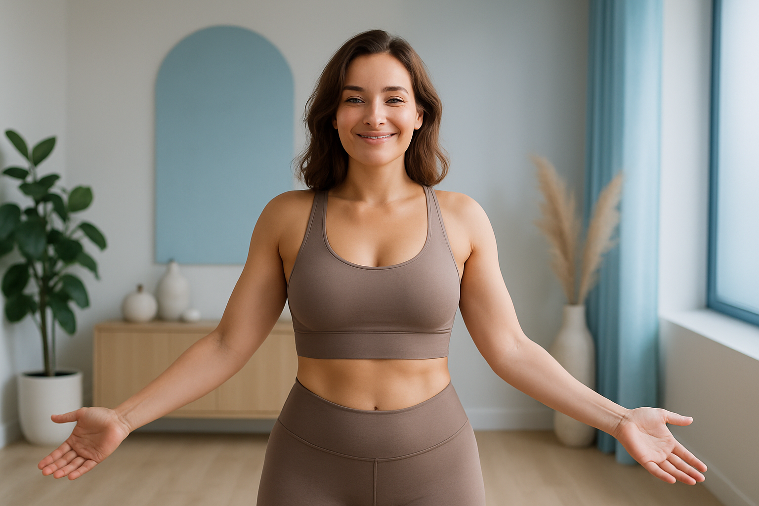 Une femme d'une trentaine d'années, au teint lumineux et confiante, se tenant debout dans un cadre moderne et apaisant d'un centre de bien-être, portant une tenue de sport confortable et neutre qui met en valeur une silhouette tonique et harmonieuse avec des courbes naturelles raffermies. Elle sourit doucement, les bras légèrement écartés, exprimant un sentiment de liberté et de satisfaction après une transformation douce. Ambiance photoréaliste professionnelle en haute résolution, éclairage naturel doux avec des nuances de bleu apaisantes en accent, composition respectant la règle des tiers, sans texte, focus sur l'émotion aspirationnelle de bien-être et confiance corporelle.