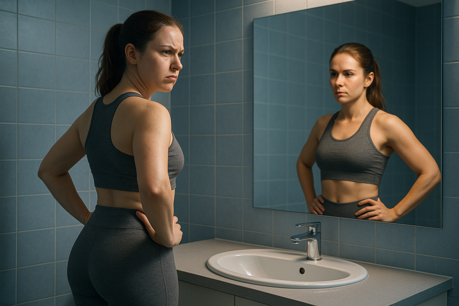 Une femme pragmatique d'une trentaine d'années, au regard déterminé et frustré face à son reflet dans un miroir de salle de bain moderne aux tons bleus apaisants, debout de profil en tenue sportive neutre et couvrante, visualisant un effet naturel et tonique sur ses fesses sans intervention invasive, éclairage doux avec rim light soulignant sa silhouette confiante, composition en règle des tiers avec espace autour du sujet, photoréaliste haute résolution, ambiance aspirationnelle de transformation personnelle harmonieuse et sans risques.